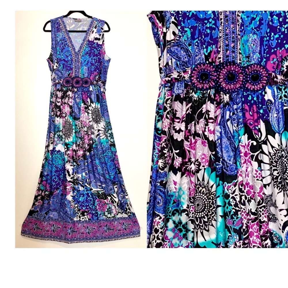 Blue & Purple Mosaic Maxi Dress ~ Beaded Belt ~ 3x